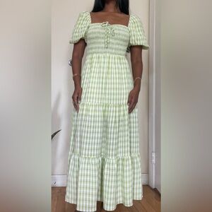 Free People Green and White Smocked Puff Sleeve Midi Dress